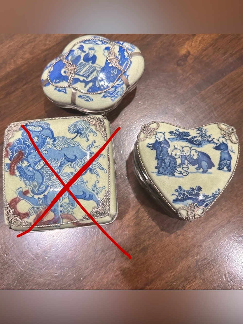 Antique Chinese Guangxu porcelain & likely silver trinket boxes x2 (not tested)